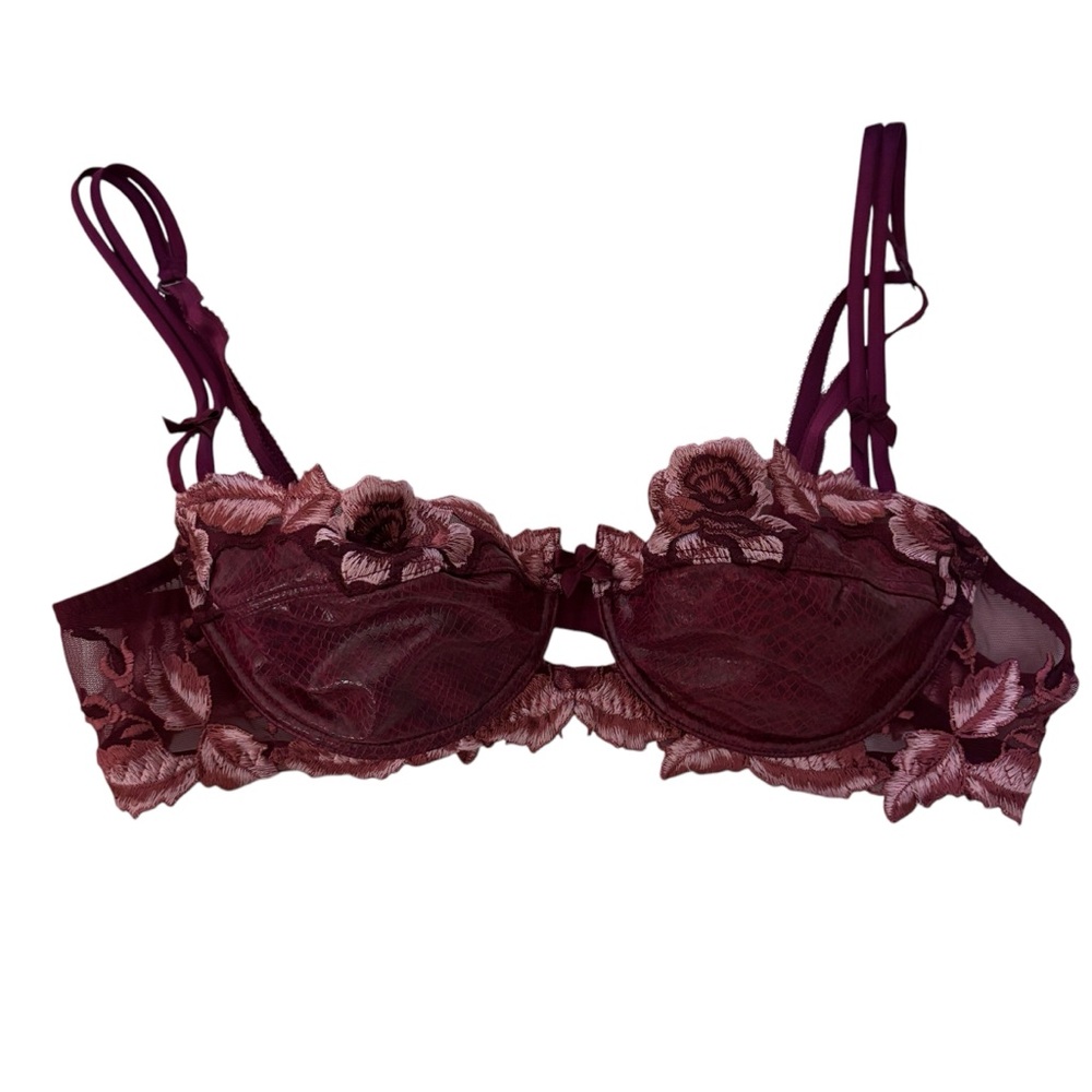 Lise Charmel Maroon Floral Mesh Lace Faux Leather Underwire Bra 36C